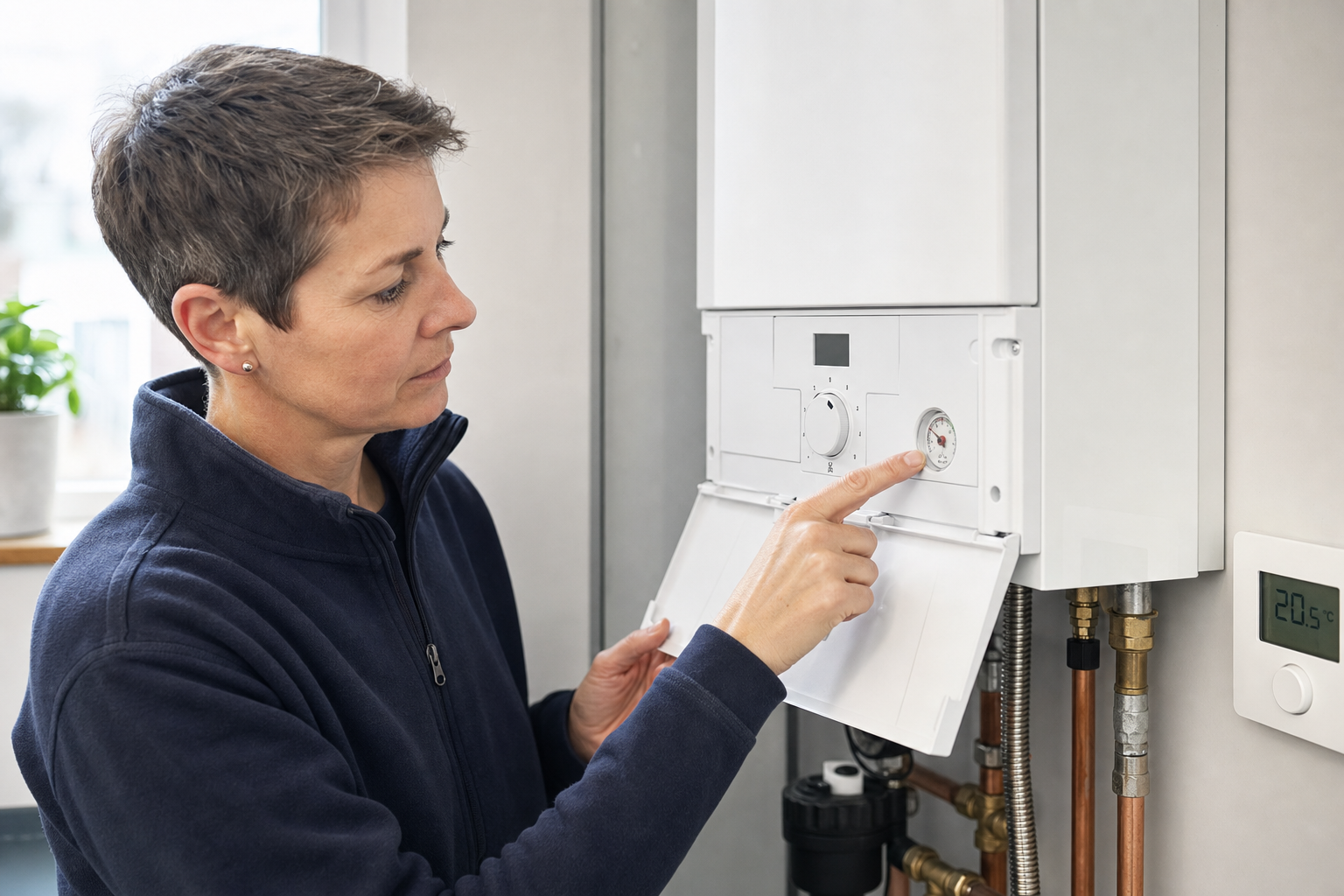 A woman adjusts the settings on a home boiler system.
