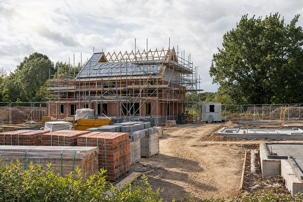 Construction site with a partially built brick house surrounded by scaffolding, stacks of bricks, and greenery.