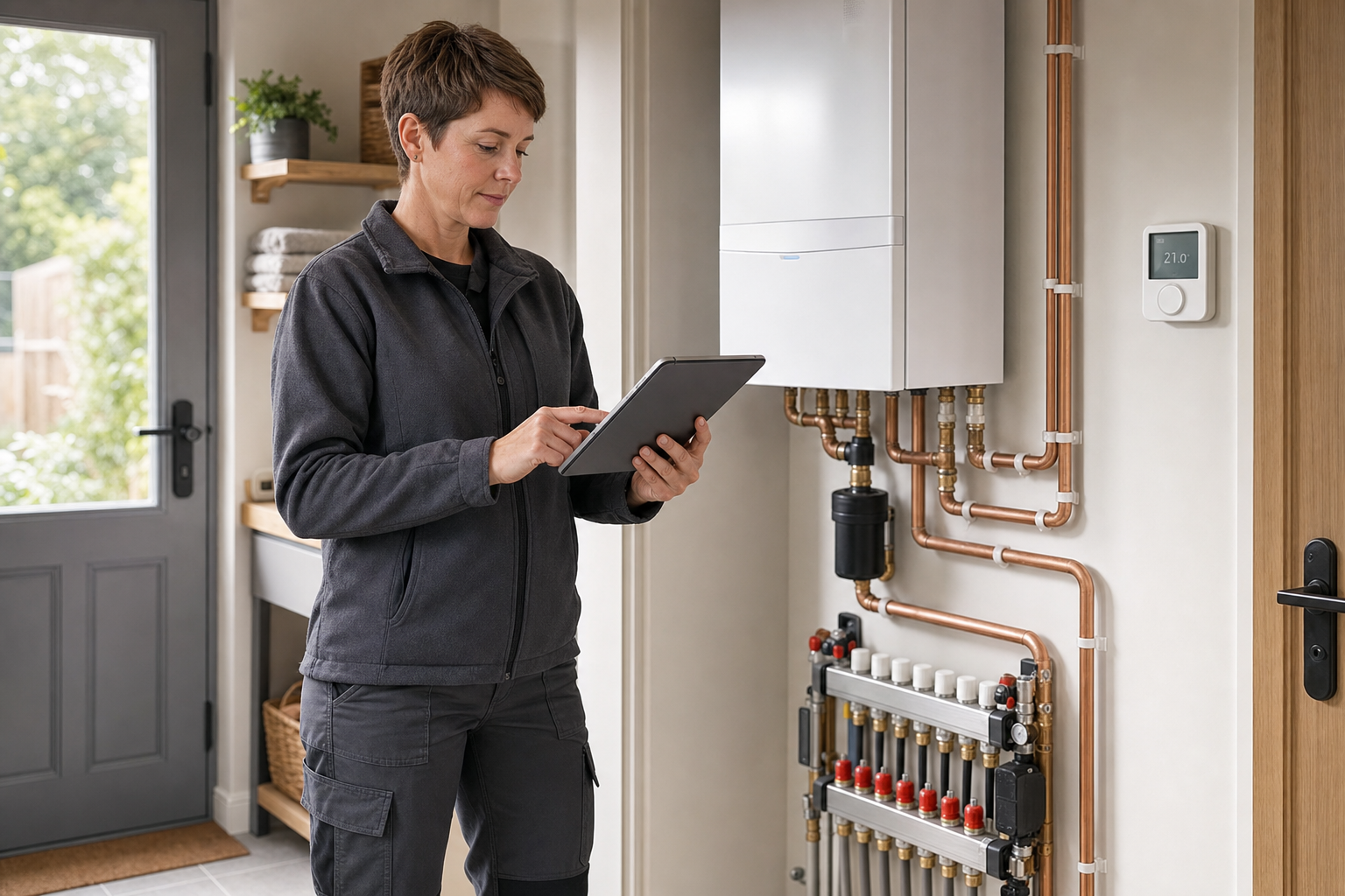 A technician in a utility room uses a tablet to check a modern boiler system with exposed copper pipes.