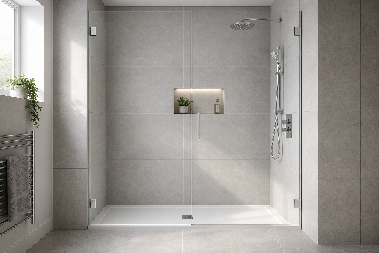 Modern glass shower enclosure with grey tiles, featuring a rain shower head and recessed shelf with a plant and toiletries.