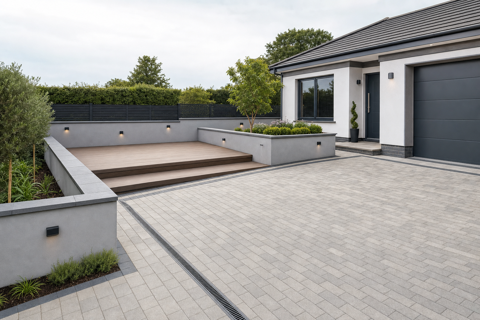 Modern bungalow with a sleek driveway, a wooden deck, and landscaped garden featuring a potted tree.
