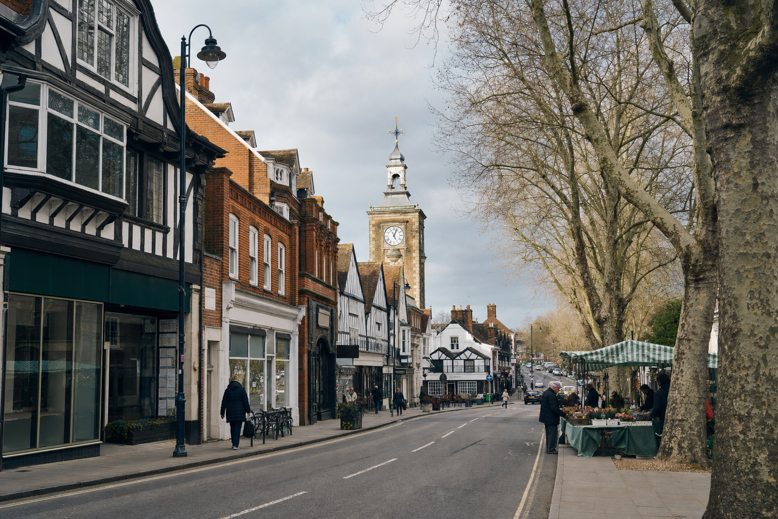 A quaint street scene with people browsing market stalls and a clocktower in the background.