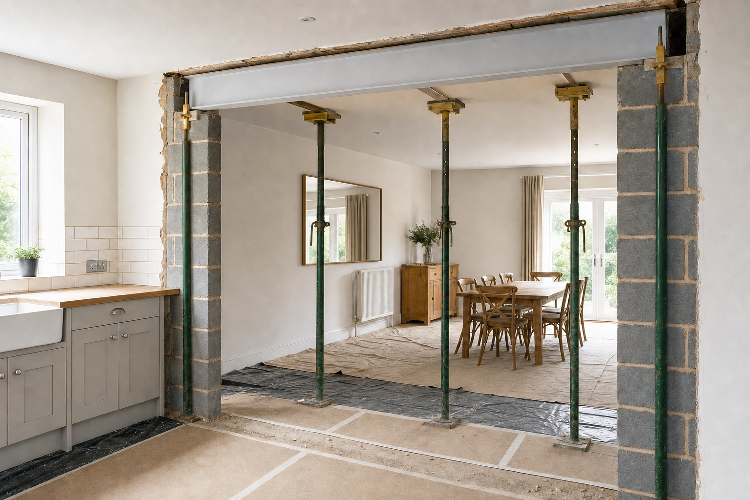 Open-plan kitchen and dining room under renovation, with exposed beam supported by metal props.