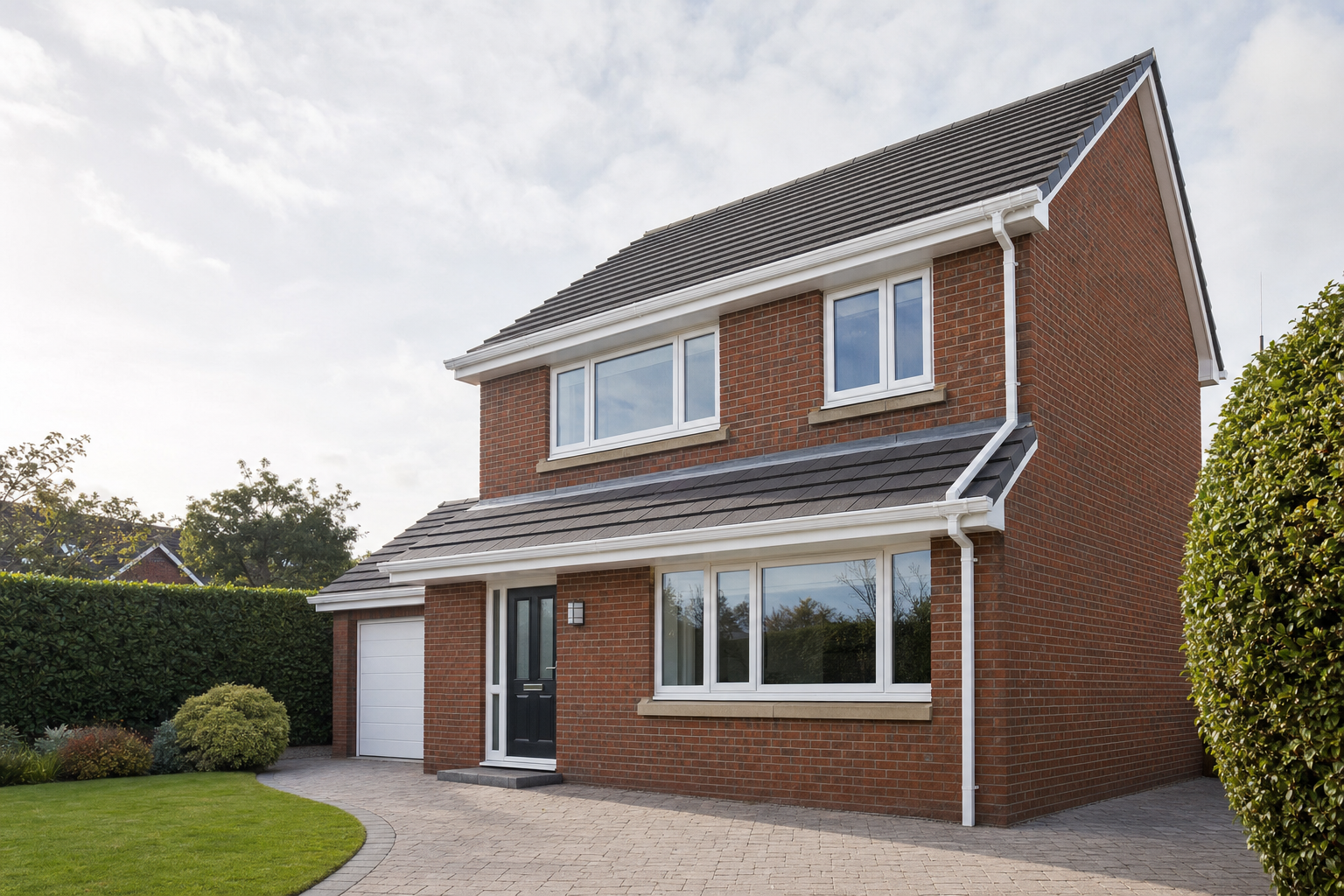 A modern two-storey brick house with a black front door, garage, and well-maintained garden under a cloudy sky.