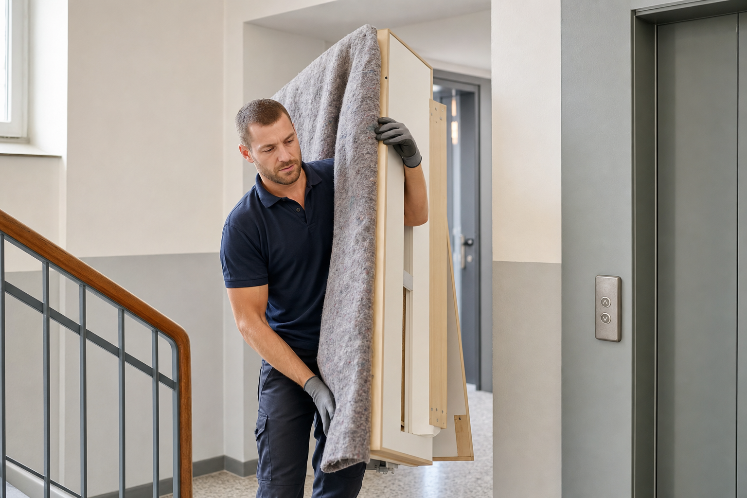 Worker carrying a wrapped piece of furniture in a building hallway near a lift.