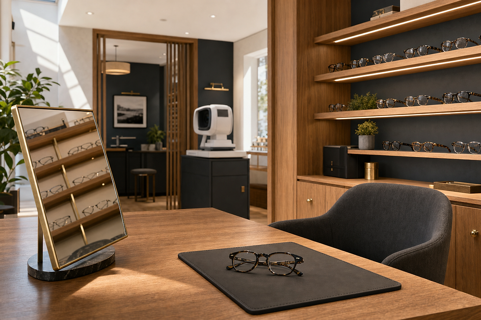 An optician's consulting room with a sleek wooden desk, a mirror, and display shelves filled with glasses frames.
