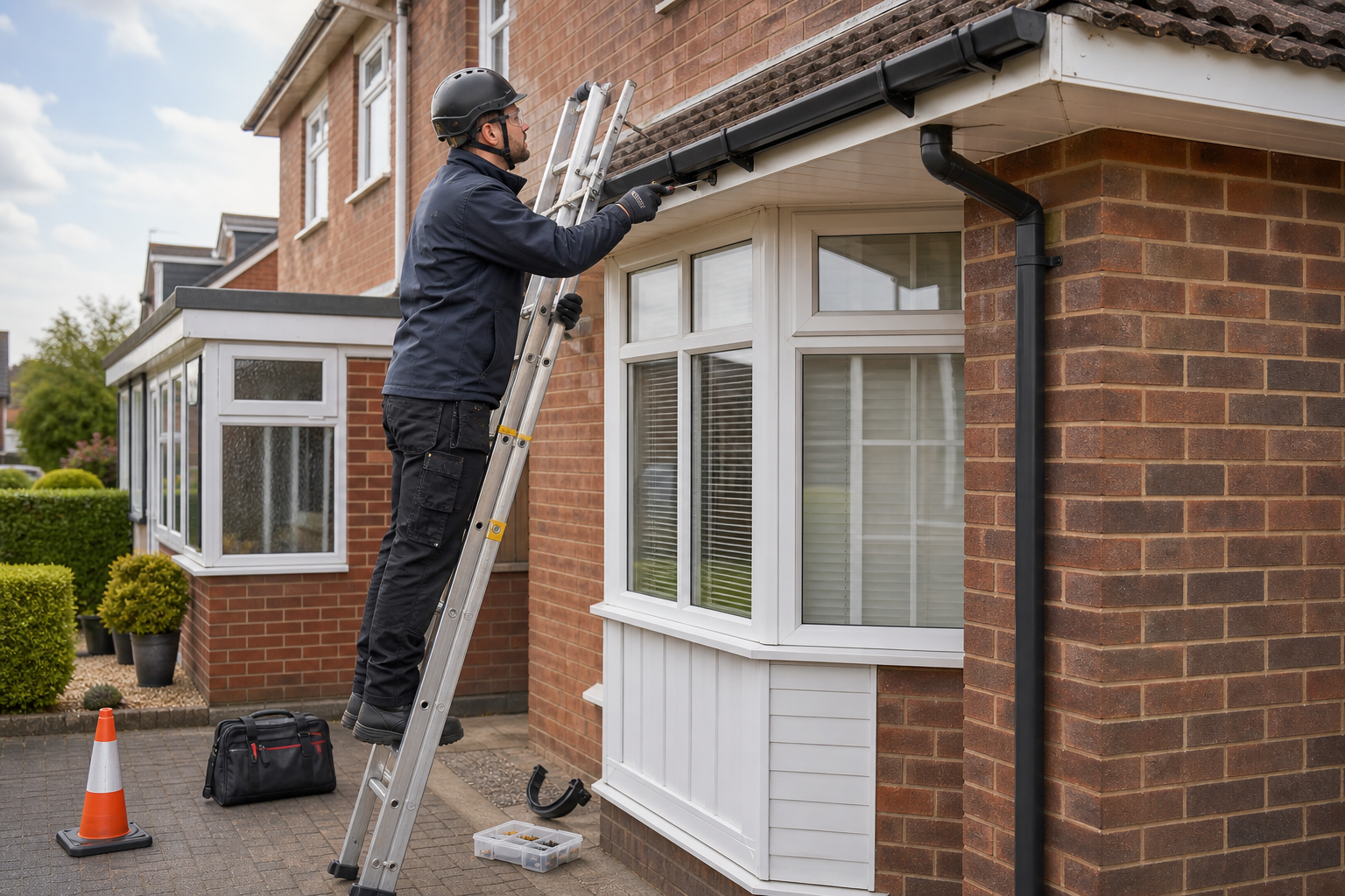 Worker on ladder inspecting roof gutter of a brick house.