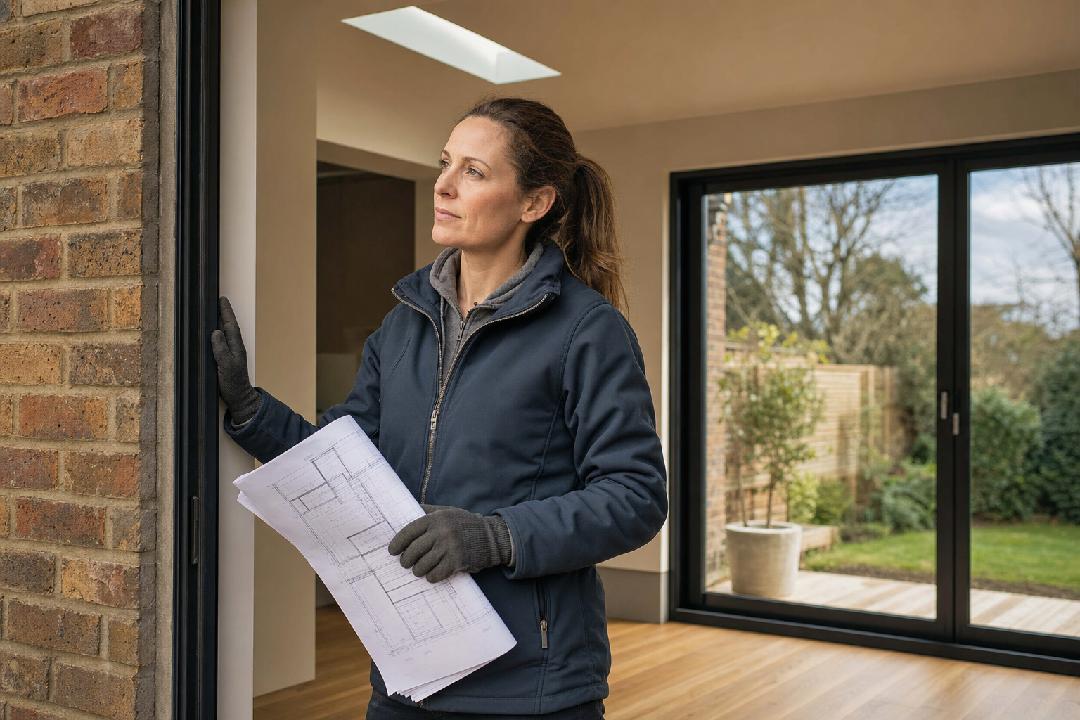 A woman holding architectural plans inspects a building site with large windows overlooking a garden.