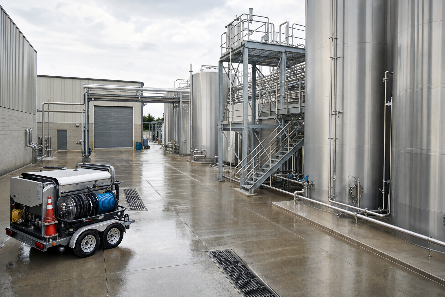 A wet industrial facility yard with large stainless steel tanks and a mobile equipment unit in the foreground.