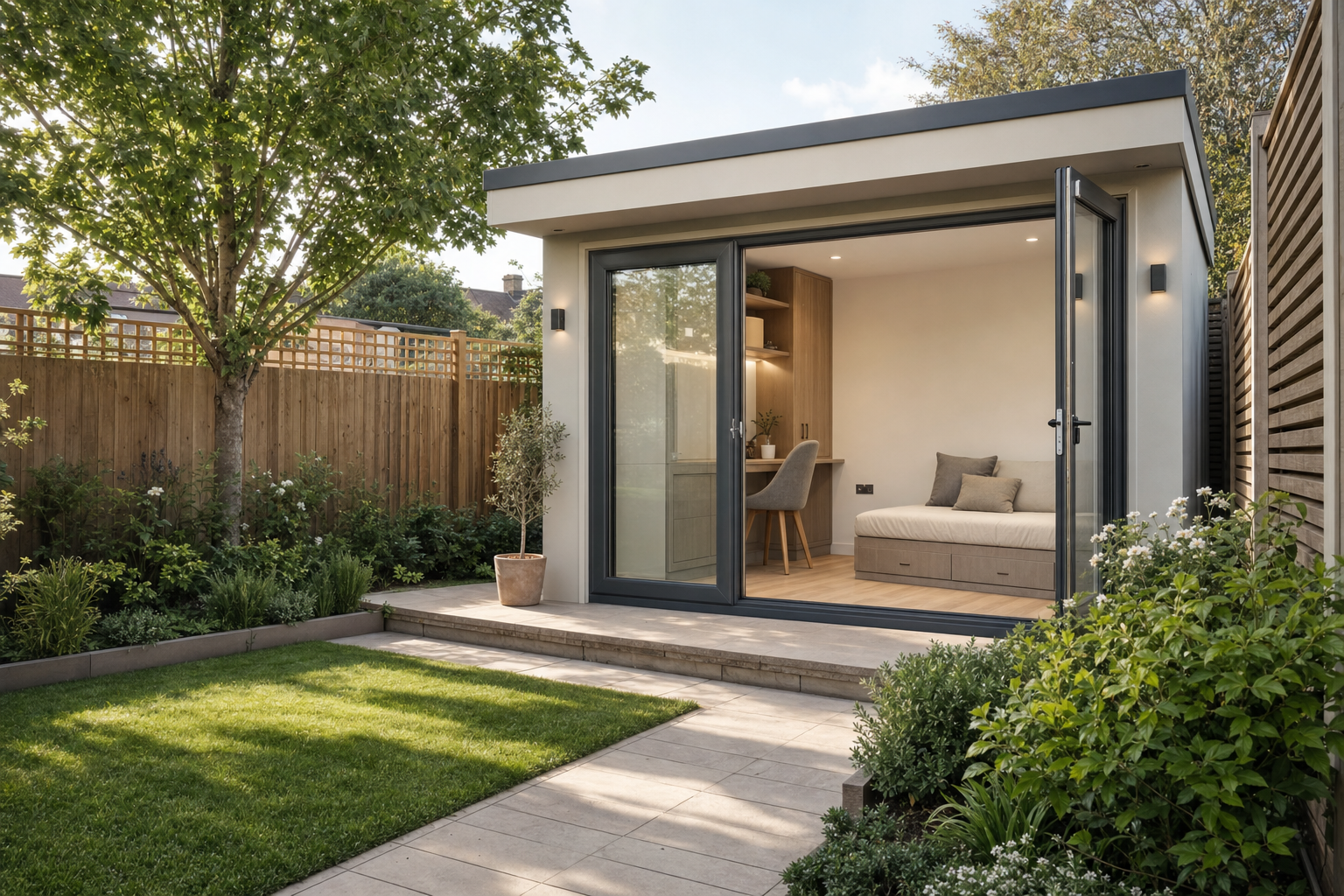 A modern garden office with large glass doors, set amidst a landscaped garden with lush greenery and a bright lawn.