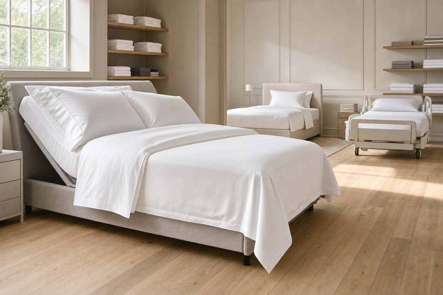 Adjustable beds with white linens in a bright, minimalist bedroom featuring wooden floors and shelves.