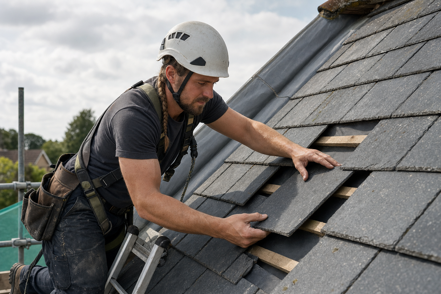 A roofer wearing a helmet installs slate tiles on a roof.