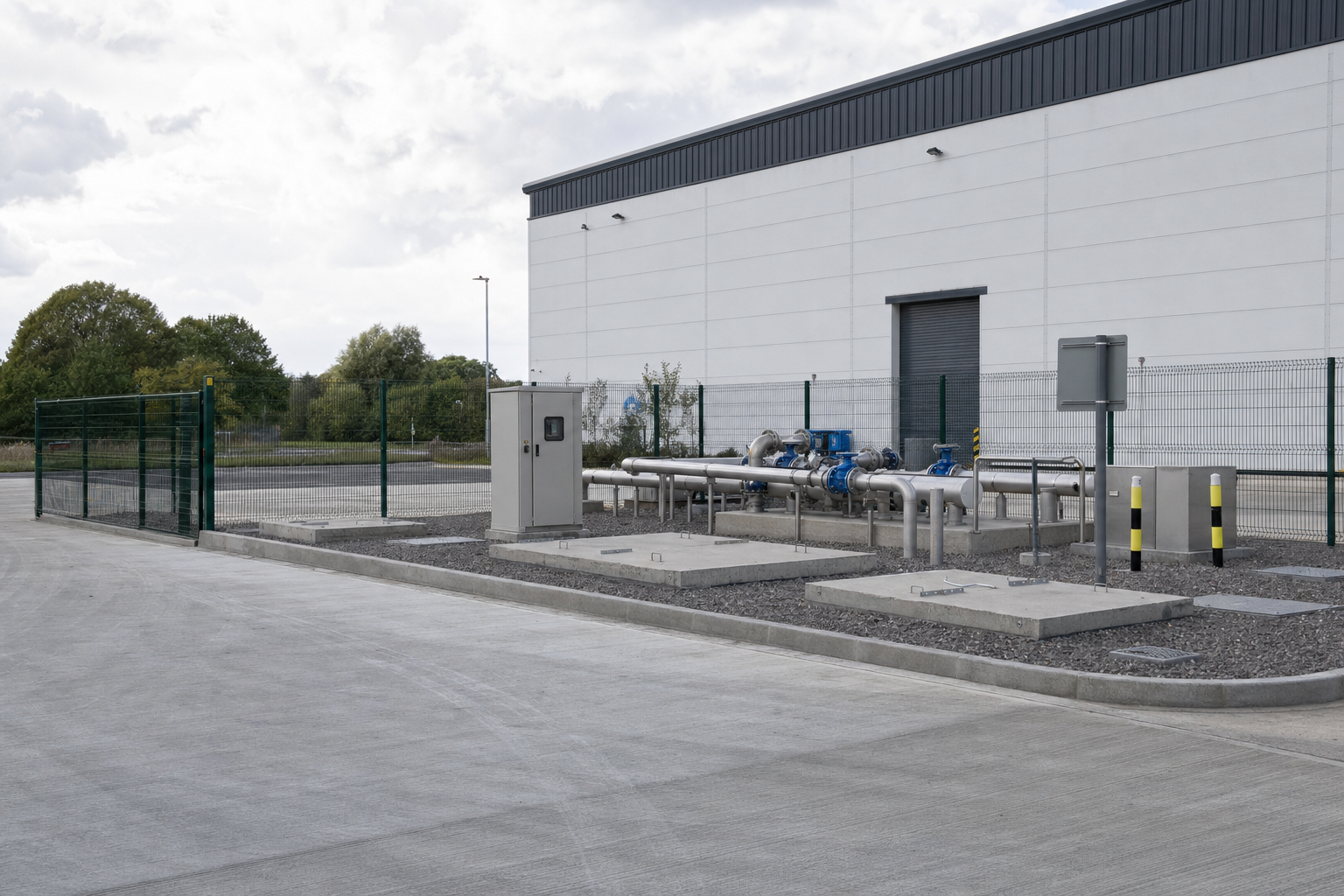 Industrial facility with pipelines and control panel situated next to a large white building.