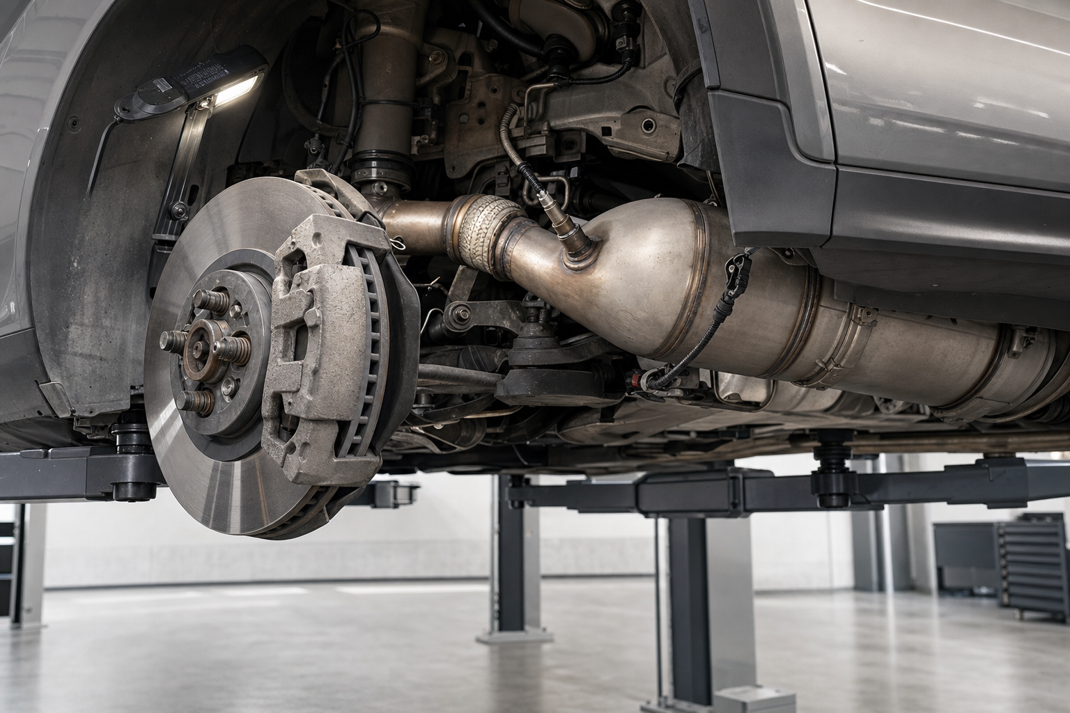 A car's exhaust system and brake disc are visible from underneath while on a vehicle lift in a garage.