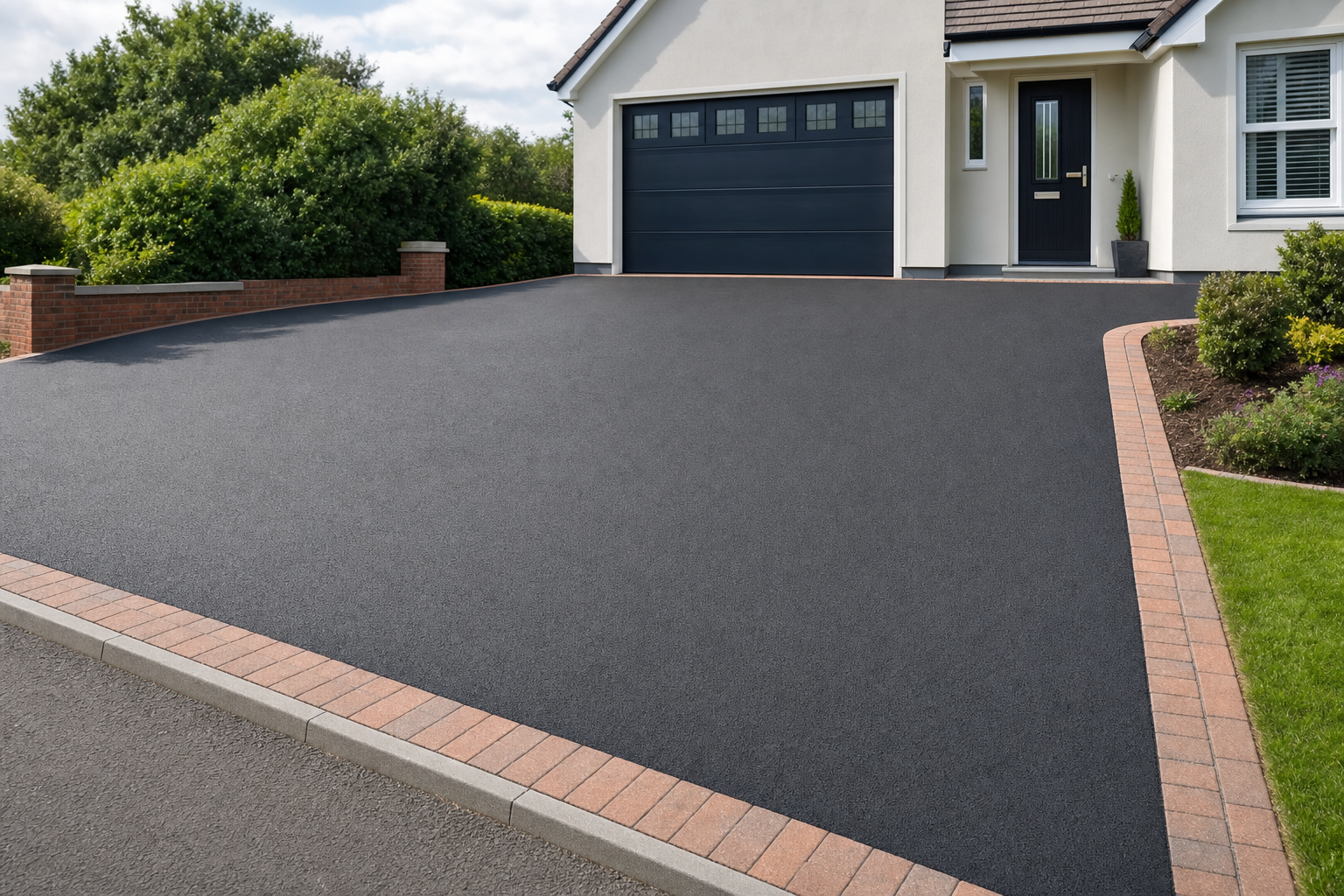 Neatly paved driveway with brick edging leading to a double garage of a modern house.