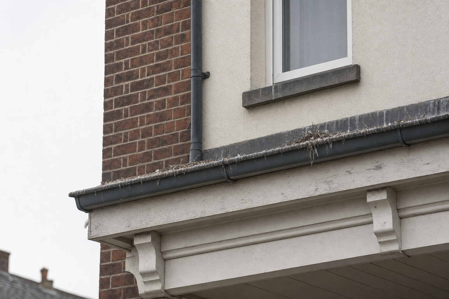 Brick and plaster building with a window and a gutter cluttered with debris and twigs.