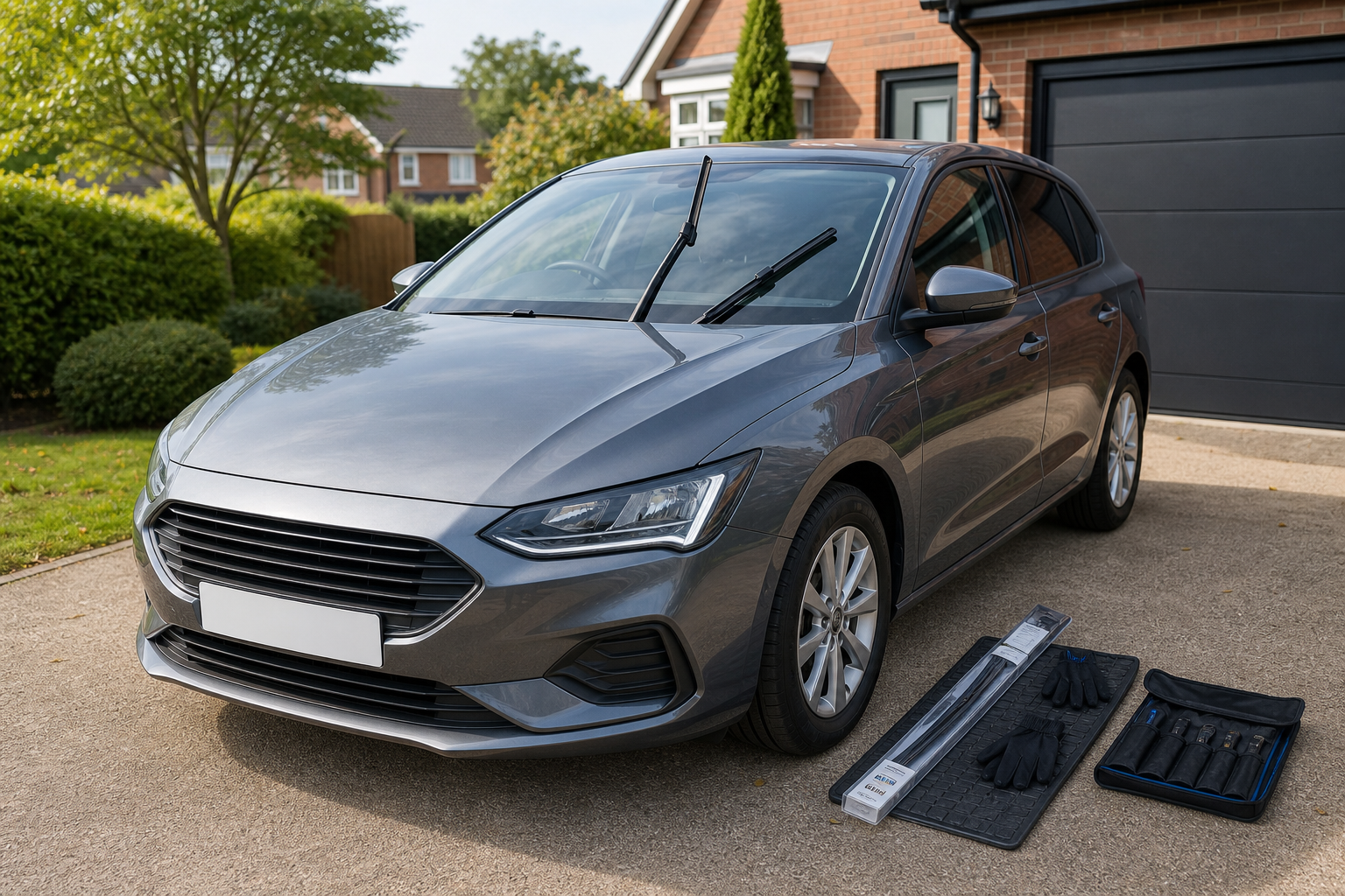 Gray car parked in driveway beside a set of wiper blades, gloves, and tools.