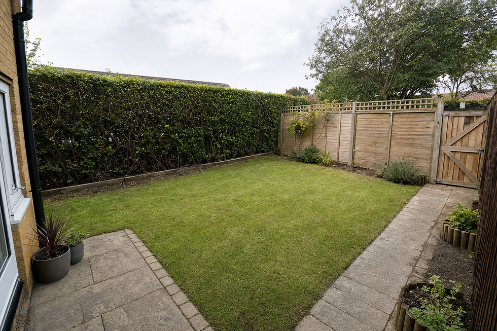A small, neatly maintained garden with a grass lawn, bordered by wooden fencing and hedges, featuring potted plants and a