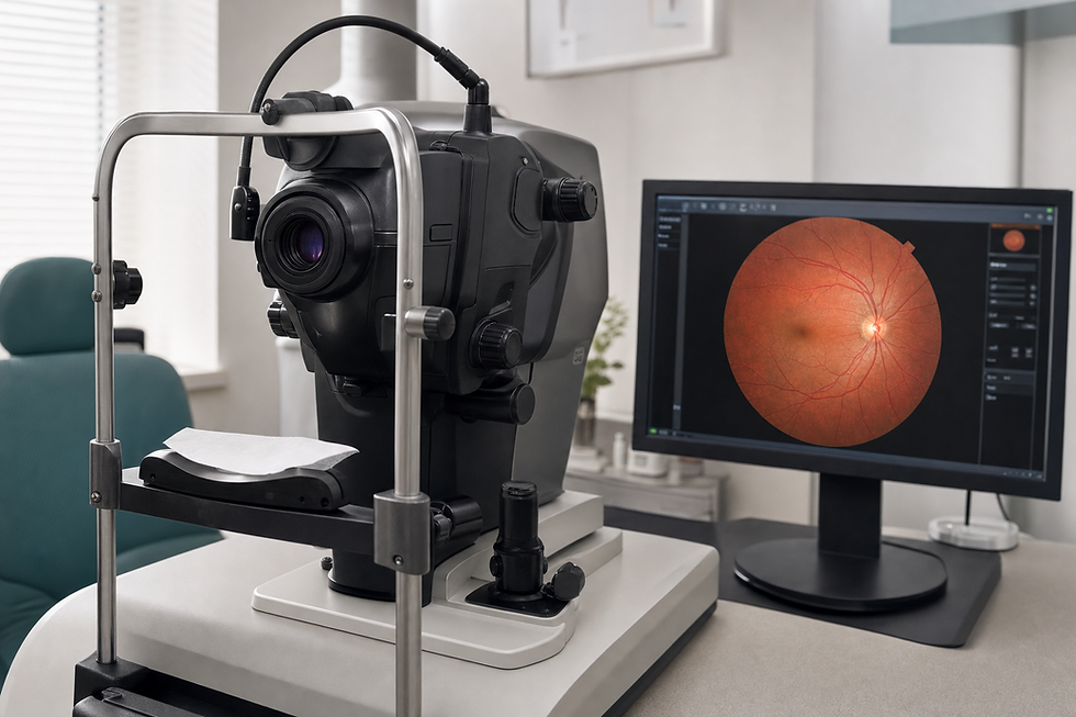 Optometry equipment with a computer displaying a retinal scan in an examination room.