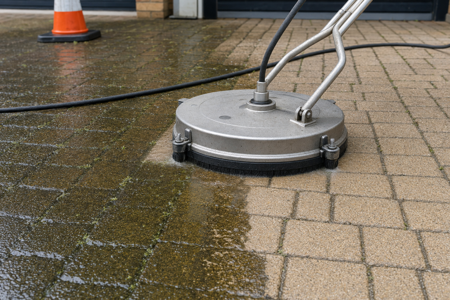 A power washer cleans a mossy, wet pavement, leaving a clear distinction between clean and dirty sections.