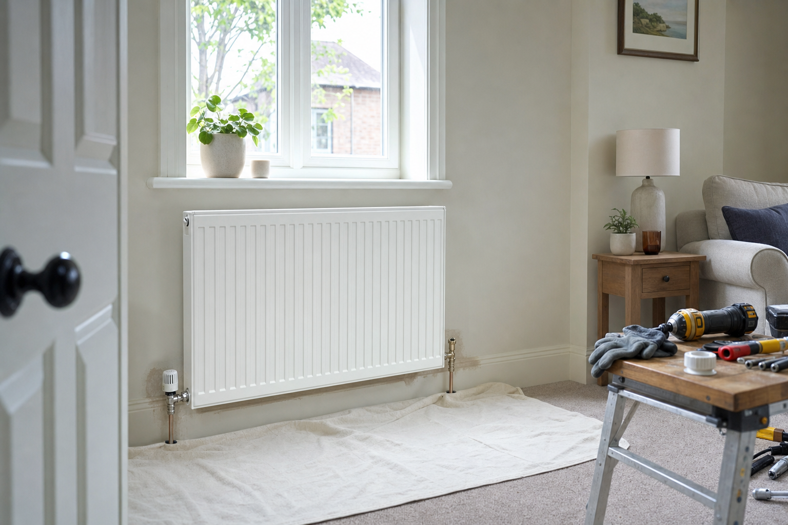 A tidy living room with a radiator beneath a window, tools on a small table suggest ongoing home maintenance.