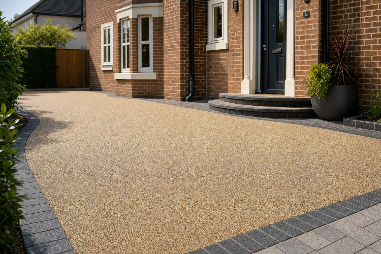 A neatly landscaped driveway with a resin-bound surface and modern brick house entrance.