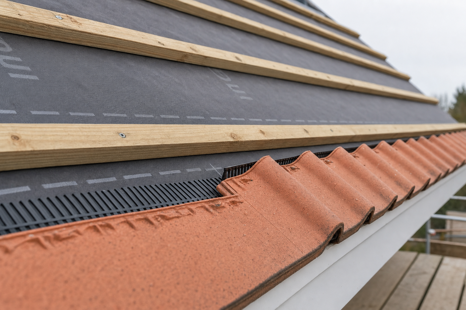 Close-up of roof construction showing wooden battens, roofing membrane, and orange clay tiles.