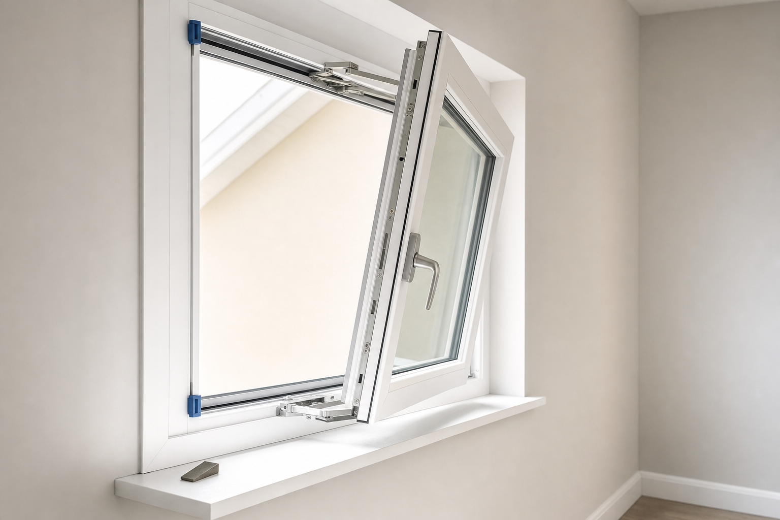 A modern tilt-and-turn window partly open, showing its hinge mechanism in a bright, minimalist room.
