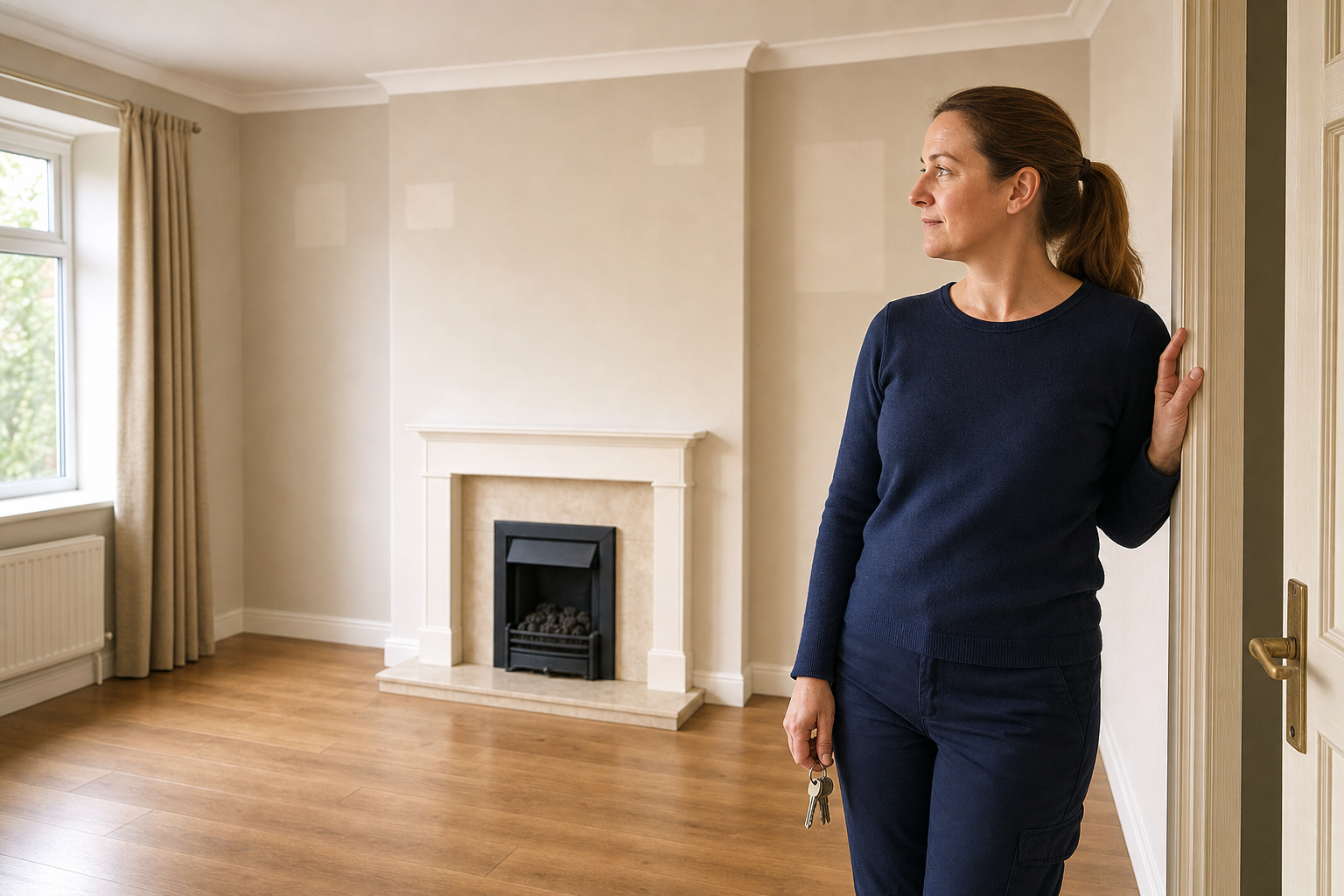 Woman holding keys, standing in an empty room with a fireplace and hardwood floor.