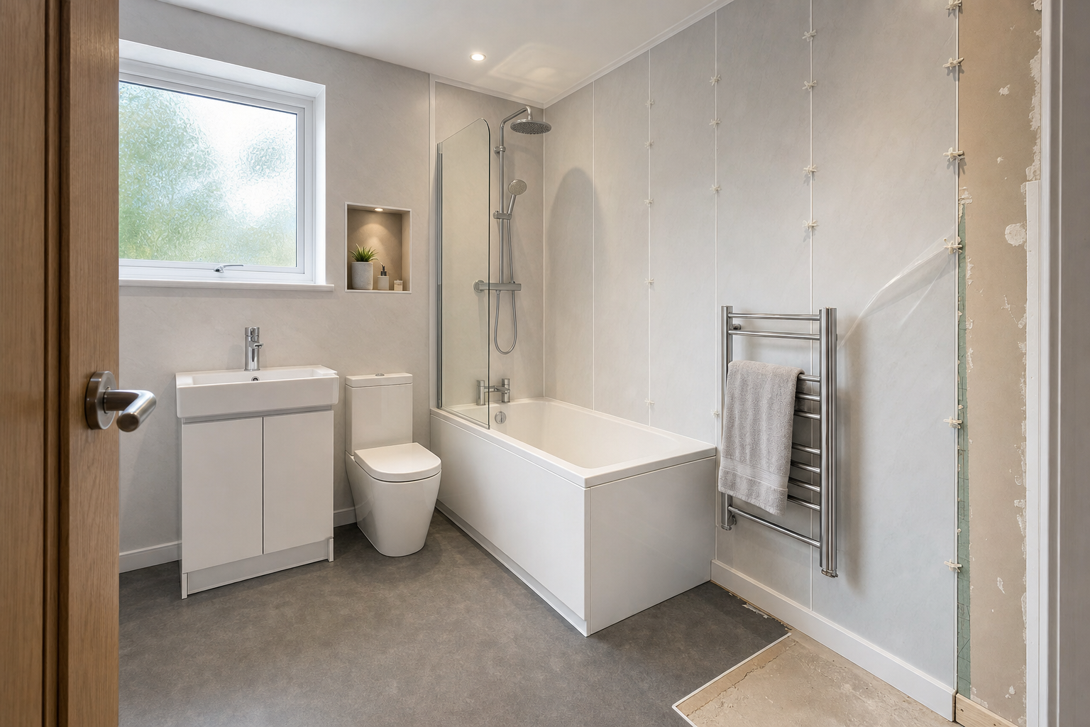Modern bathroom with a white suite, grey walls, and a heated towel rail, partially installed tiles on the right.