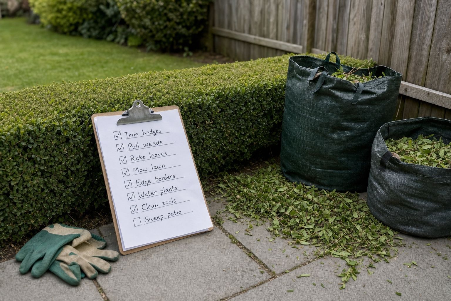 Gardening checklist on clipboard rests against a hedge, with gardening gloves and bags of trimmed leaves nearby.