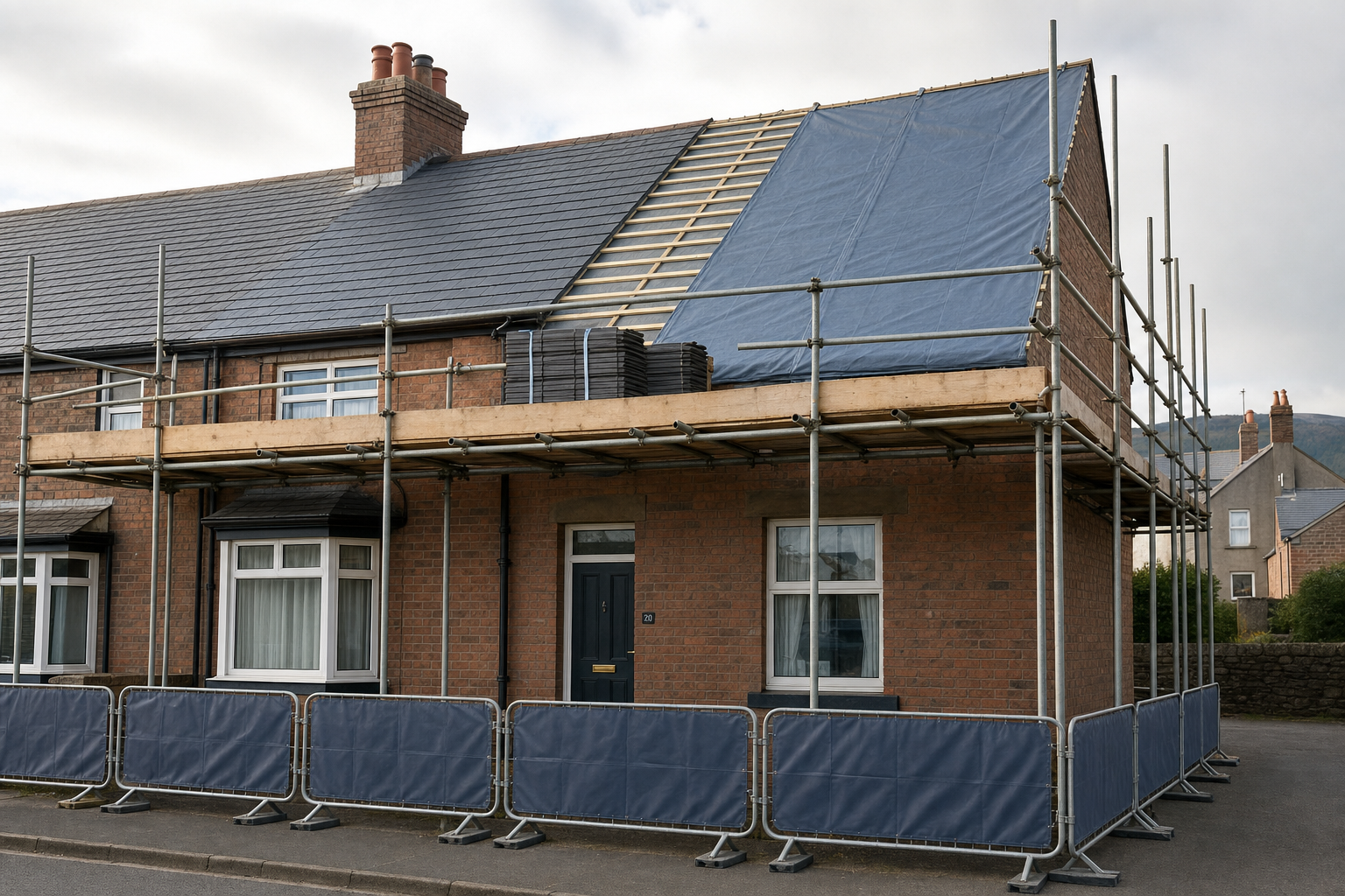 A brick terraced house under roof renovation with scaffolding and a tarp covering one side.