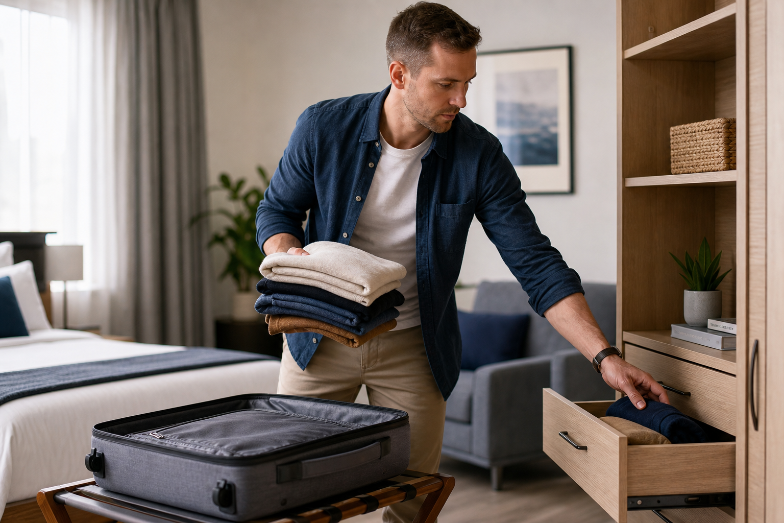 A man packing a suitcase in a neatly organised bedroom, placing folded clothes into a drawer.
