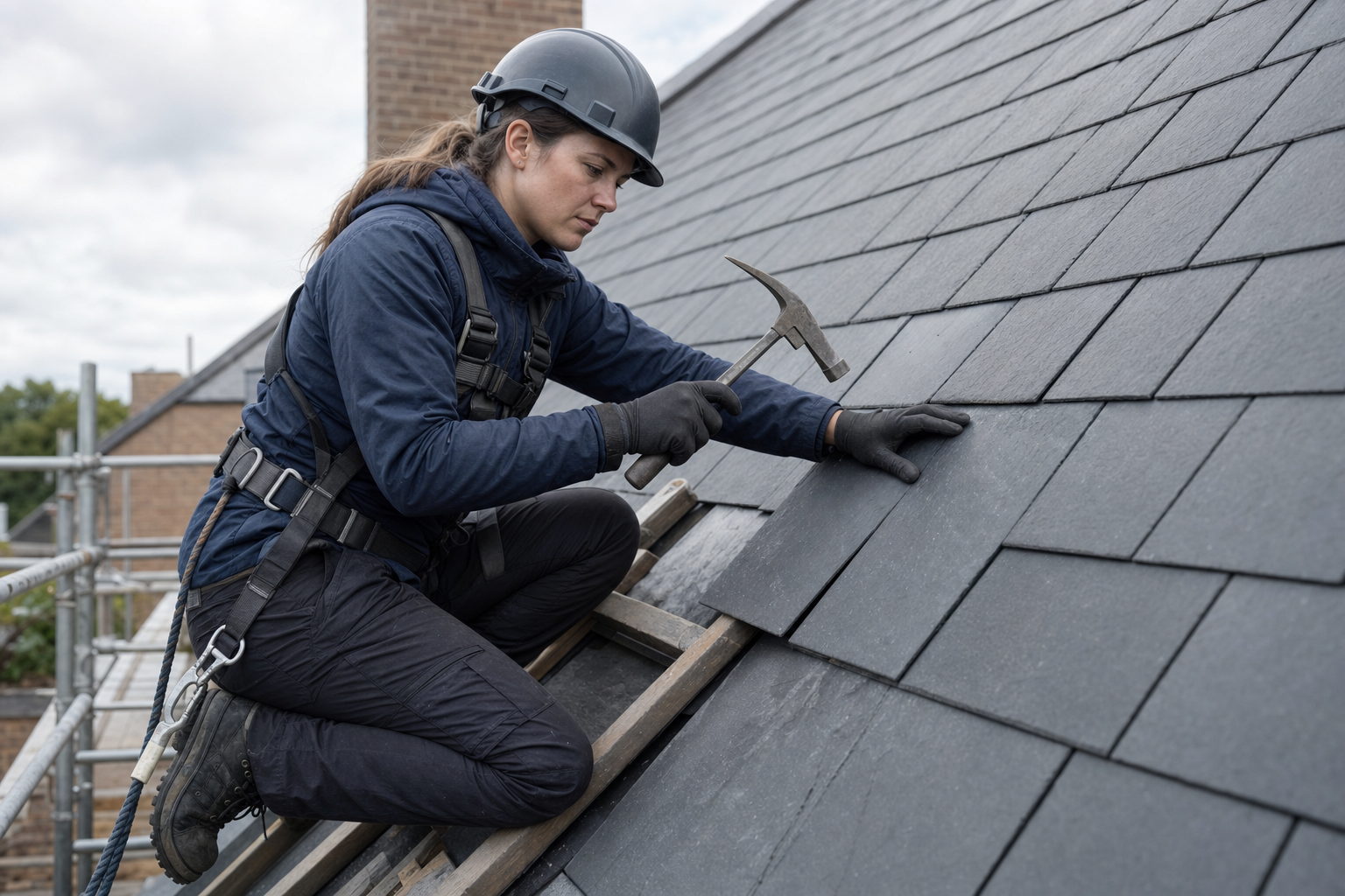 A builder in safety gear repairs a slate roof with a hammer on a cloudy day.