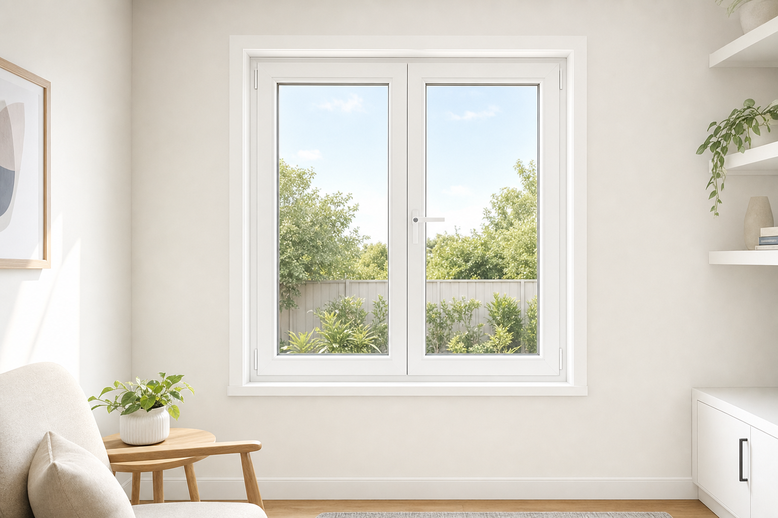 A bright living room with a large window overlooking a garden, featuring potted plants and minimalist decor.