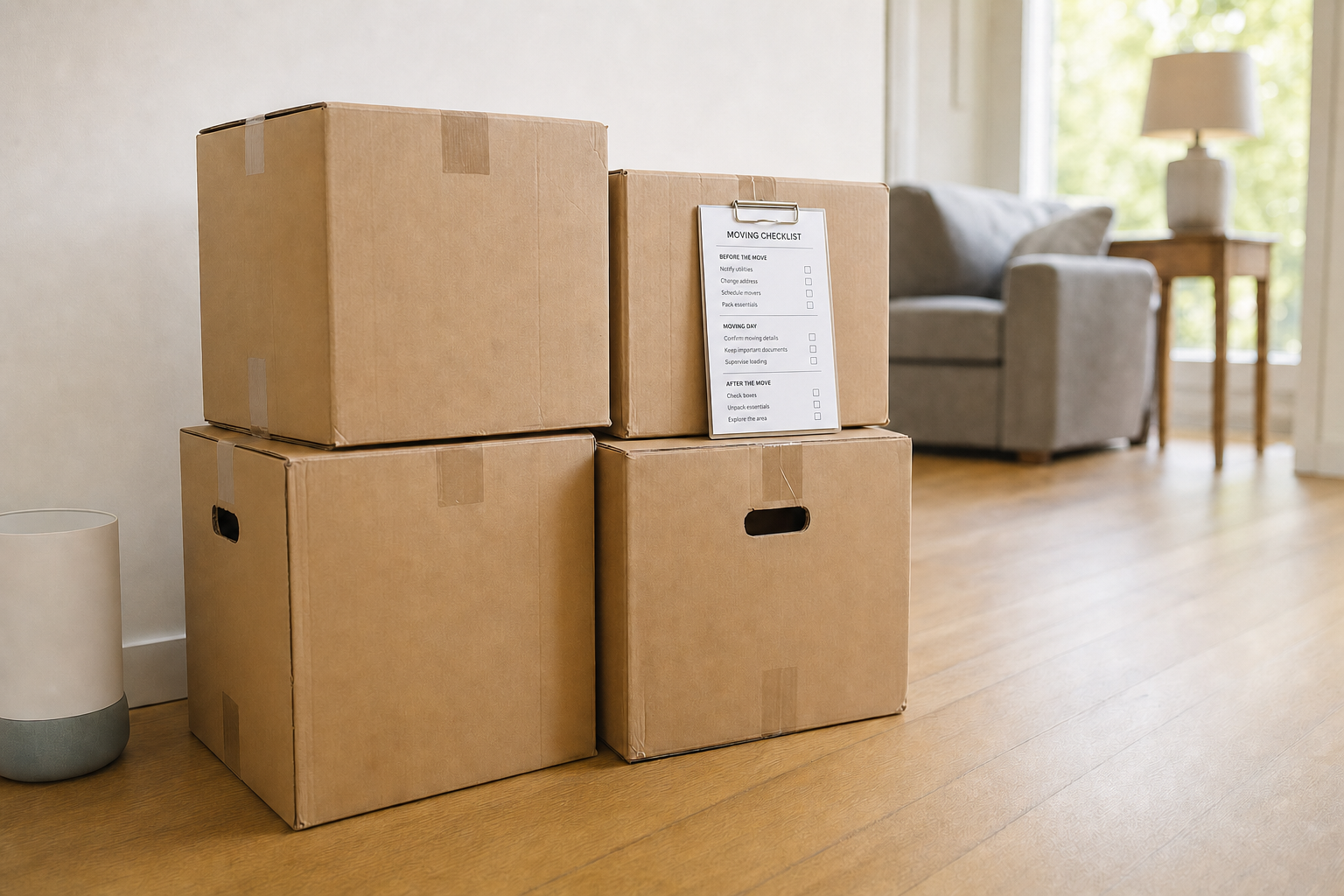 Cardboard boxes stacked in a living room with a moving checklist attached, near a grey sofa and a lamp.