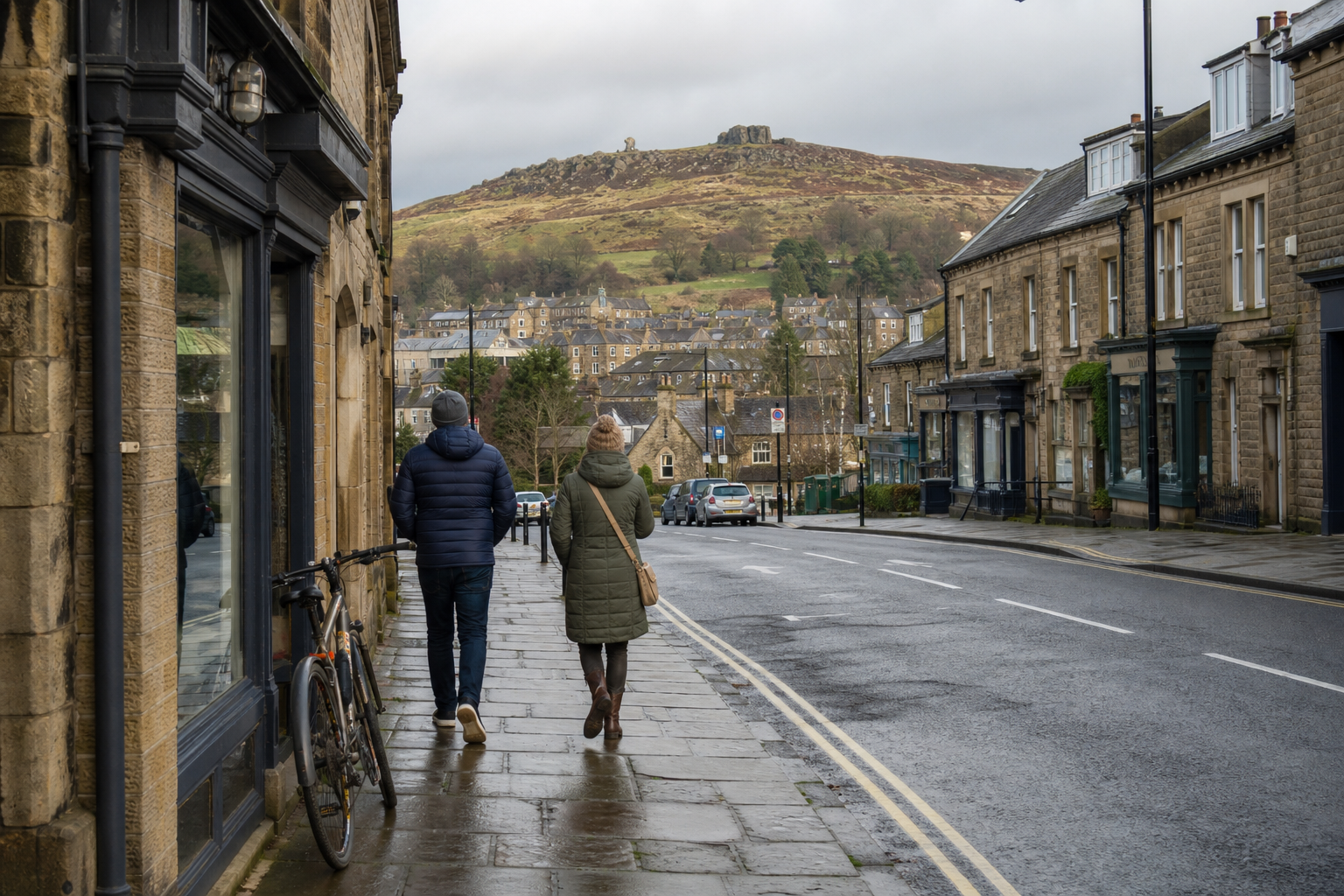 A couple walks down a wet pavement in a picturesque village with a hilly landscape in the background.