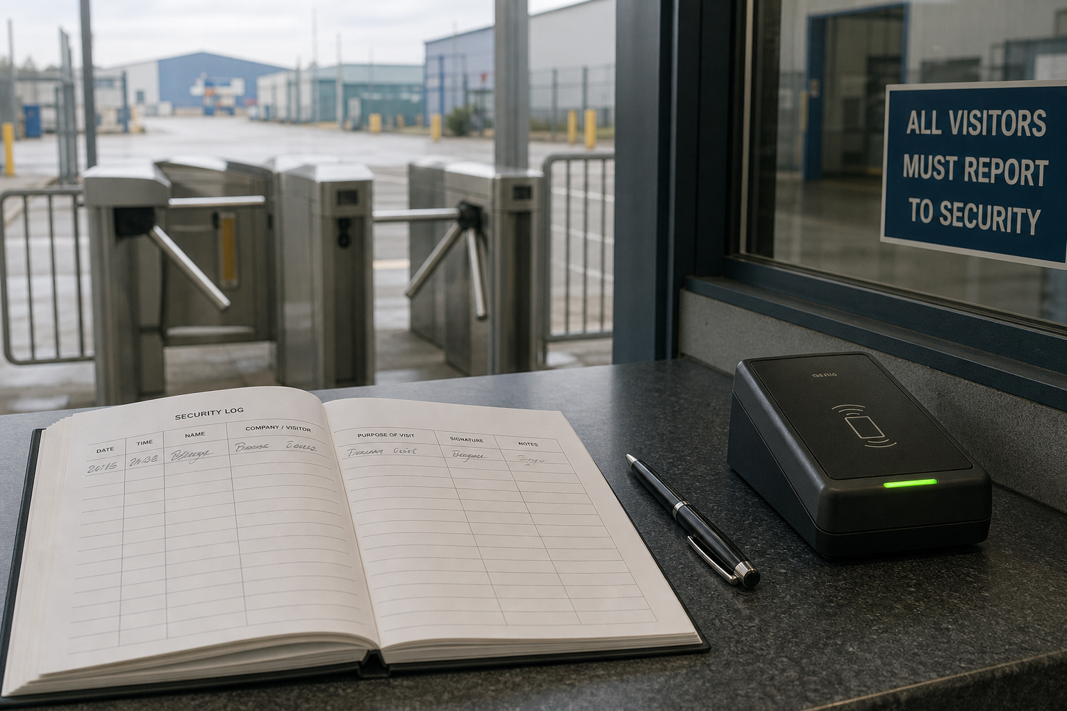 Security logbook and pen on a desk by a turnstile entrance with a sign instructing all visitors to report to security.