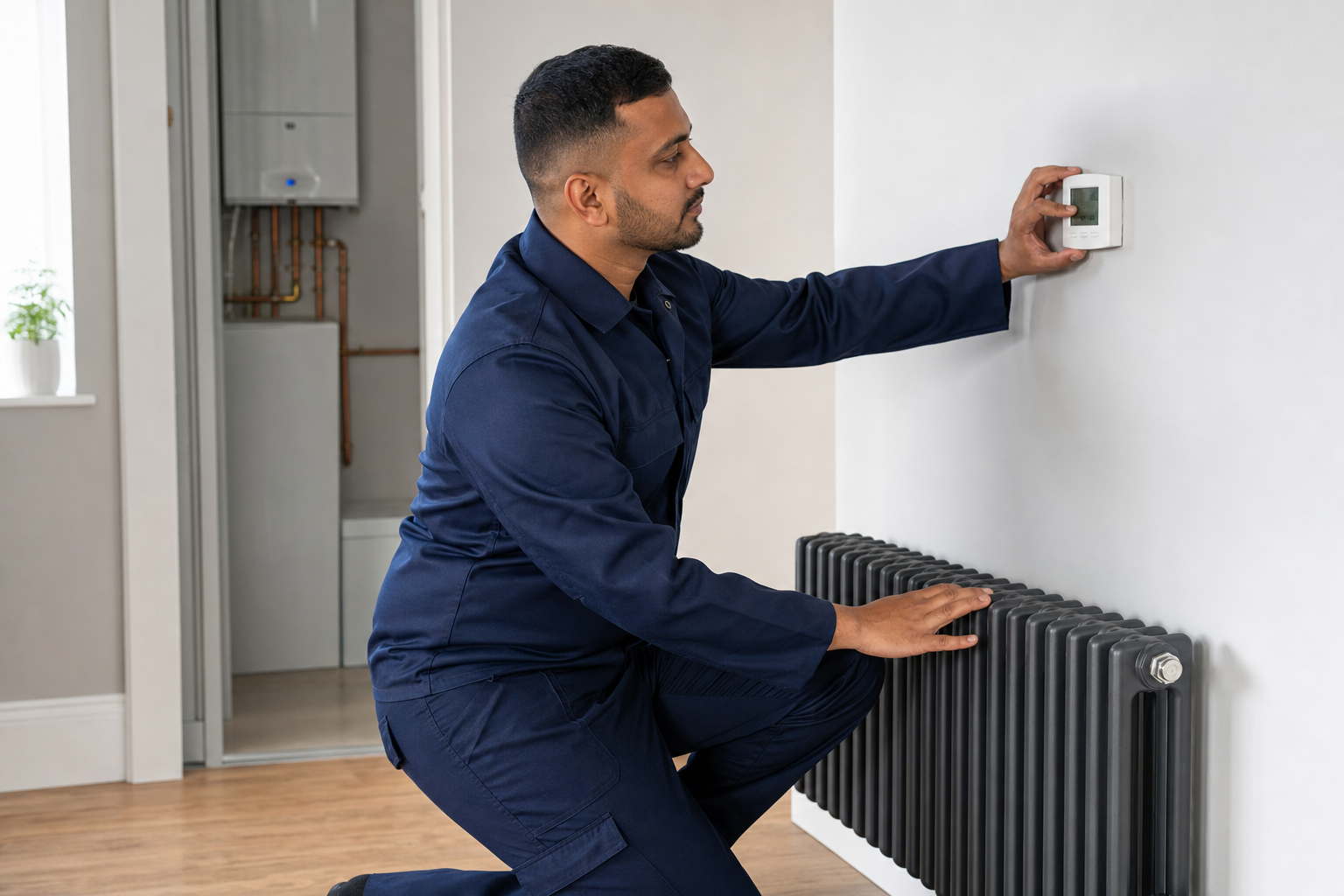Engineer adjusting a thermostat next to a radiator with a boiler in the background.
