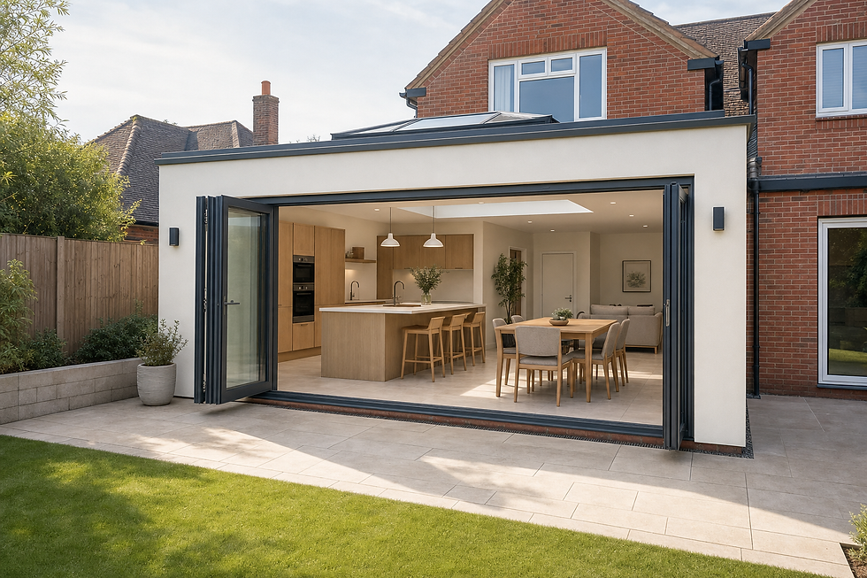 Modern home extension with open-plan kitchen and dining area, featuring large bi-fold doors opening onto a garden patio.