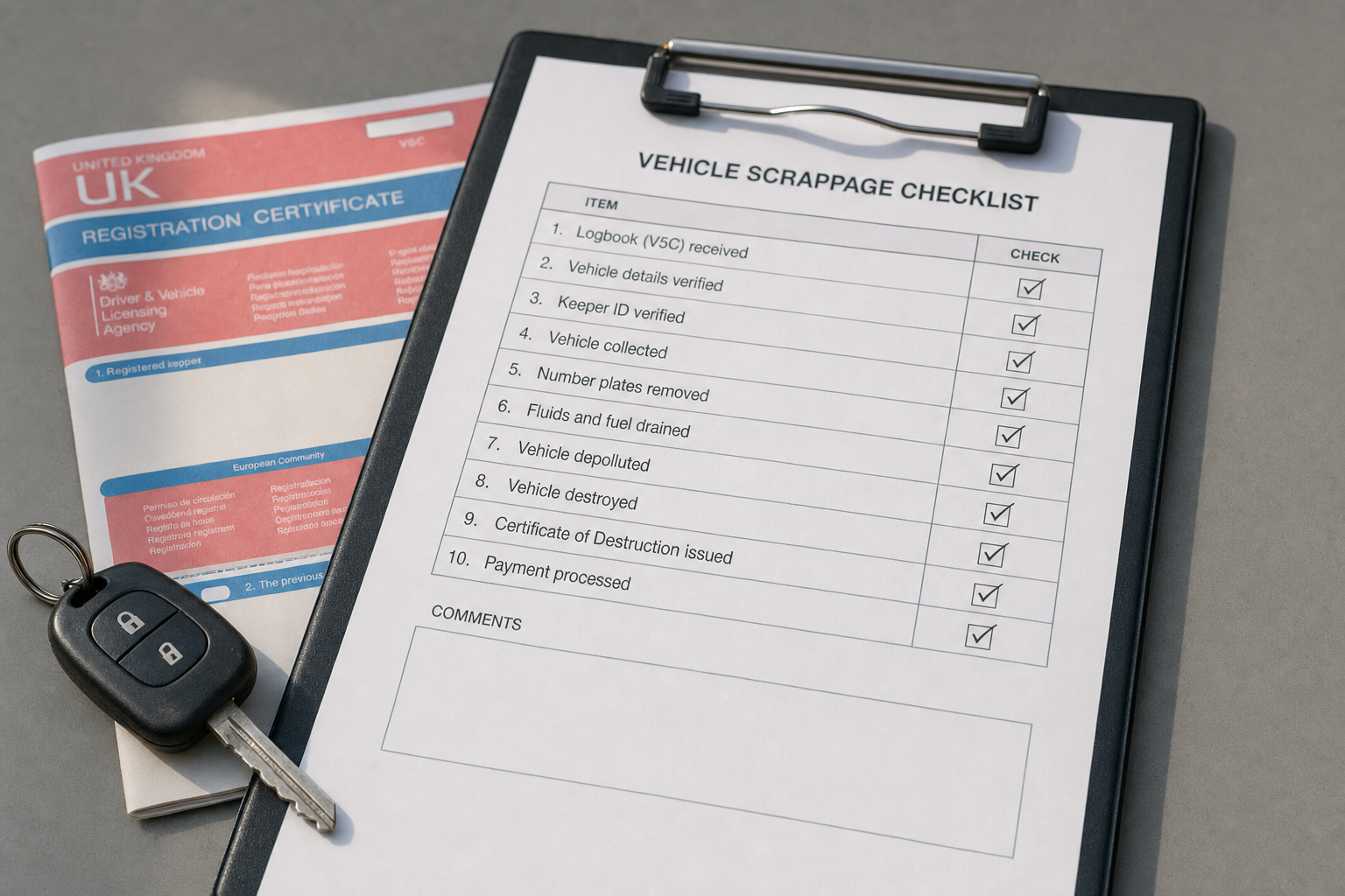 Vehicle scrappage checklist with all items ticked, alongside a UK registration certificate and car key.