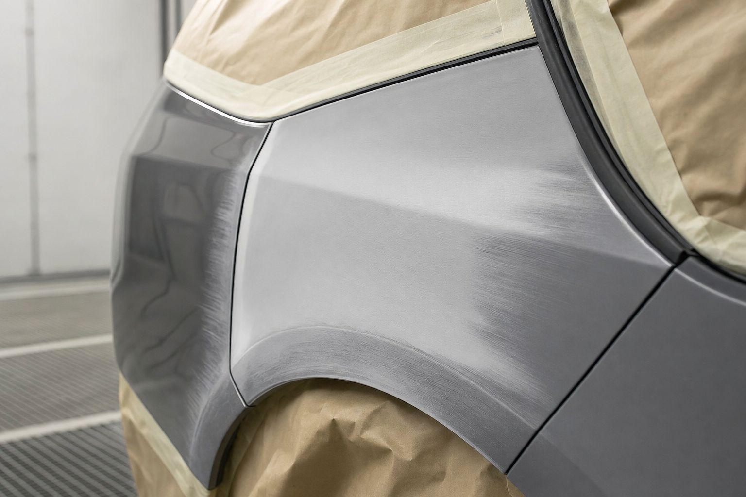 Car panel being prepped for painting in a workshop, masked with paper and tape.