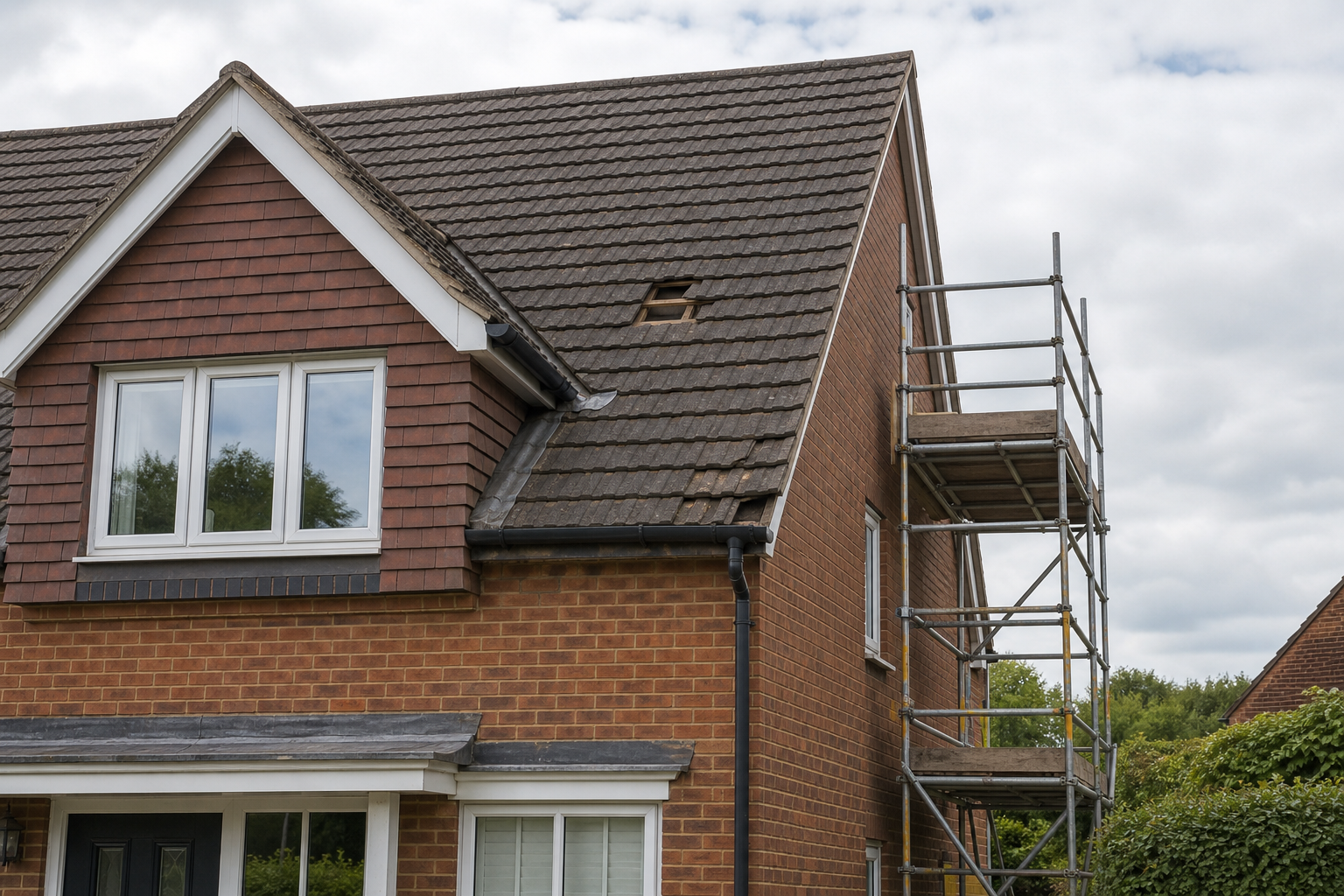 A brick house with scaffolding and missing roof tiles against a cloudy sky.