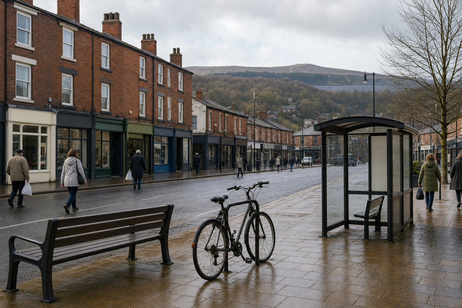 A quiet, rainy street with a bicycle by a bench, pedestrians, and brick buildings under a cloudy sky.