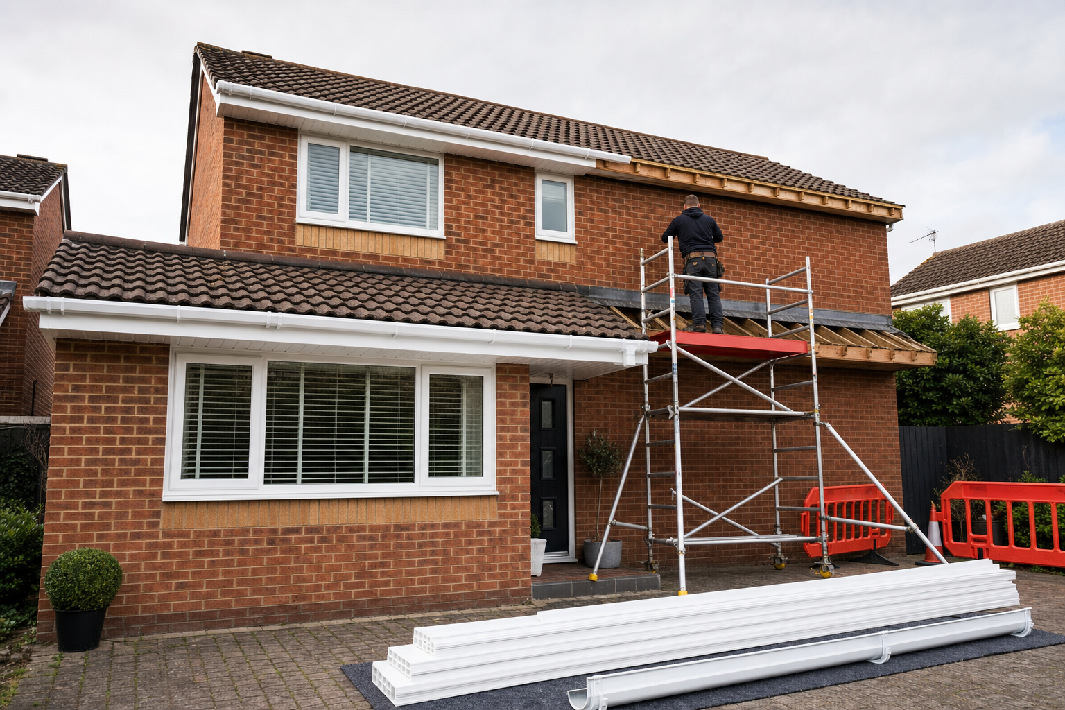A builder working on scaffolding outside a two-storey red-brick house during construction.