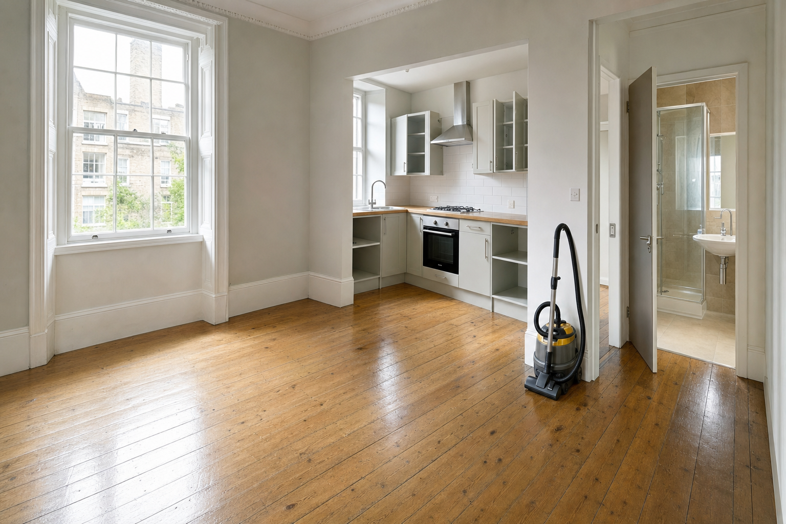 Empty room with wooden floors, modern kitchen, vacuum cleaner, and a view of neighbouring brick buildings through large windows.