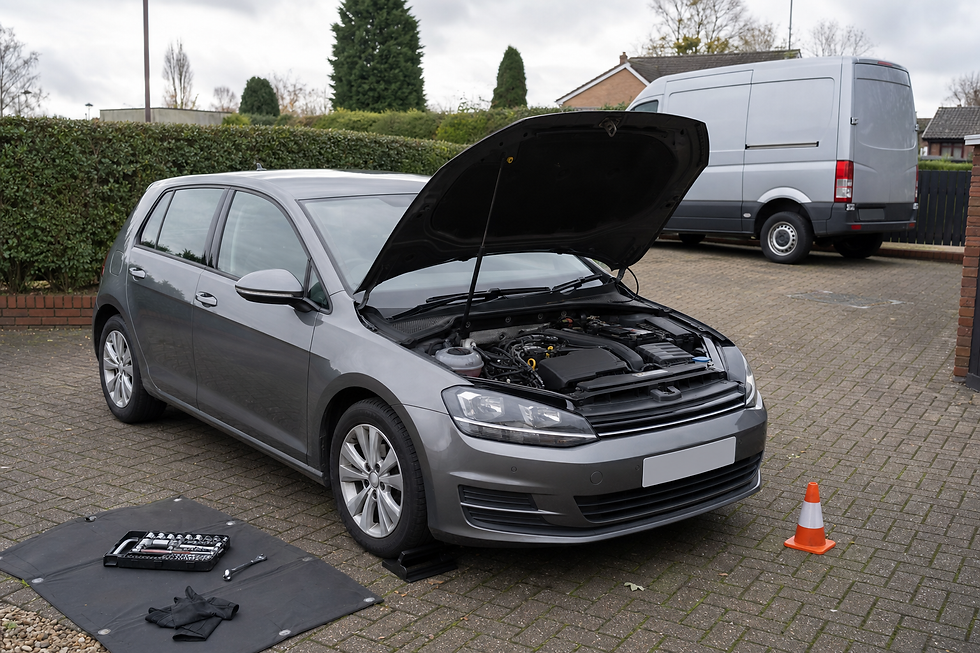 A grey car with an open bonnet is parked on a driveway beside a toolkit and traffic cone.