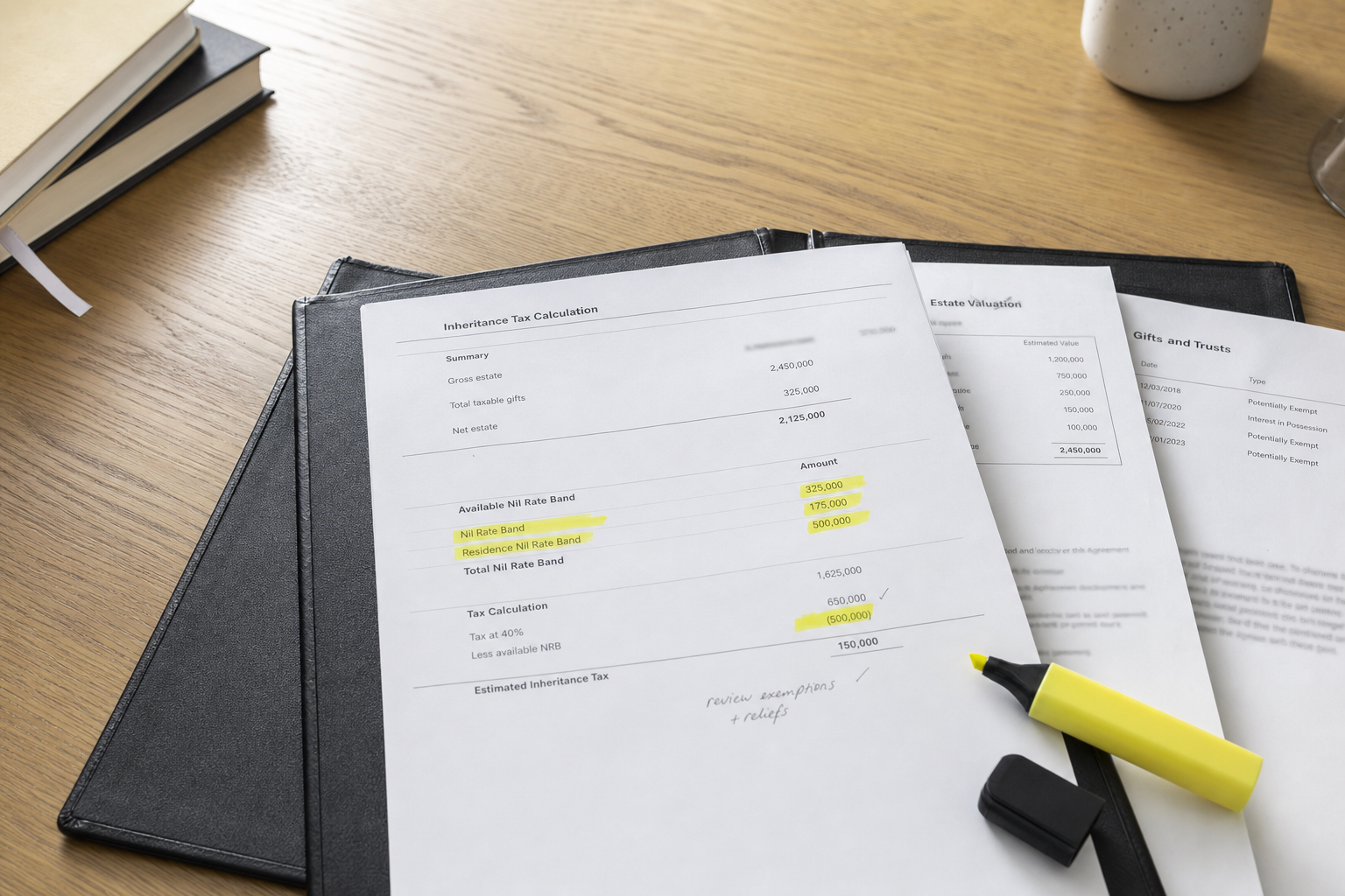 Inheritance tax calculation documents on a wooden desk with highlights and a yellow highlighter pen.