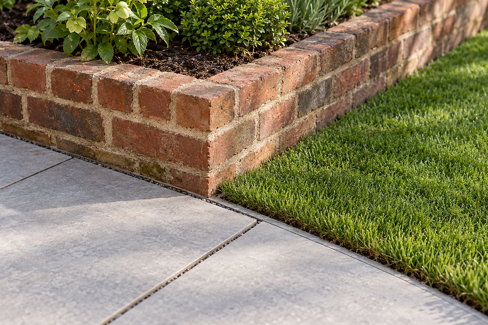 Red brick garden bed with green plants, bordered by a neatly trimmed lawn and grey paving slabs.