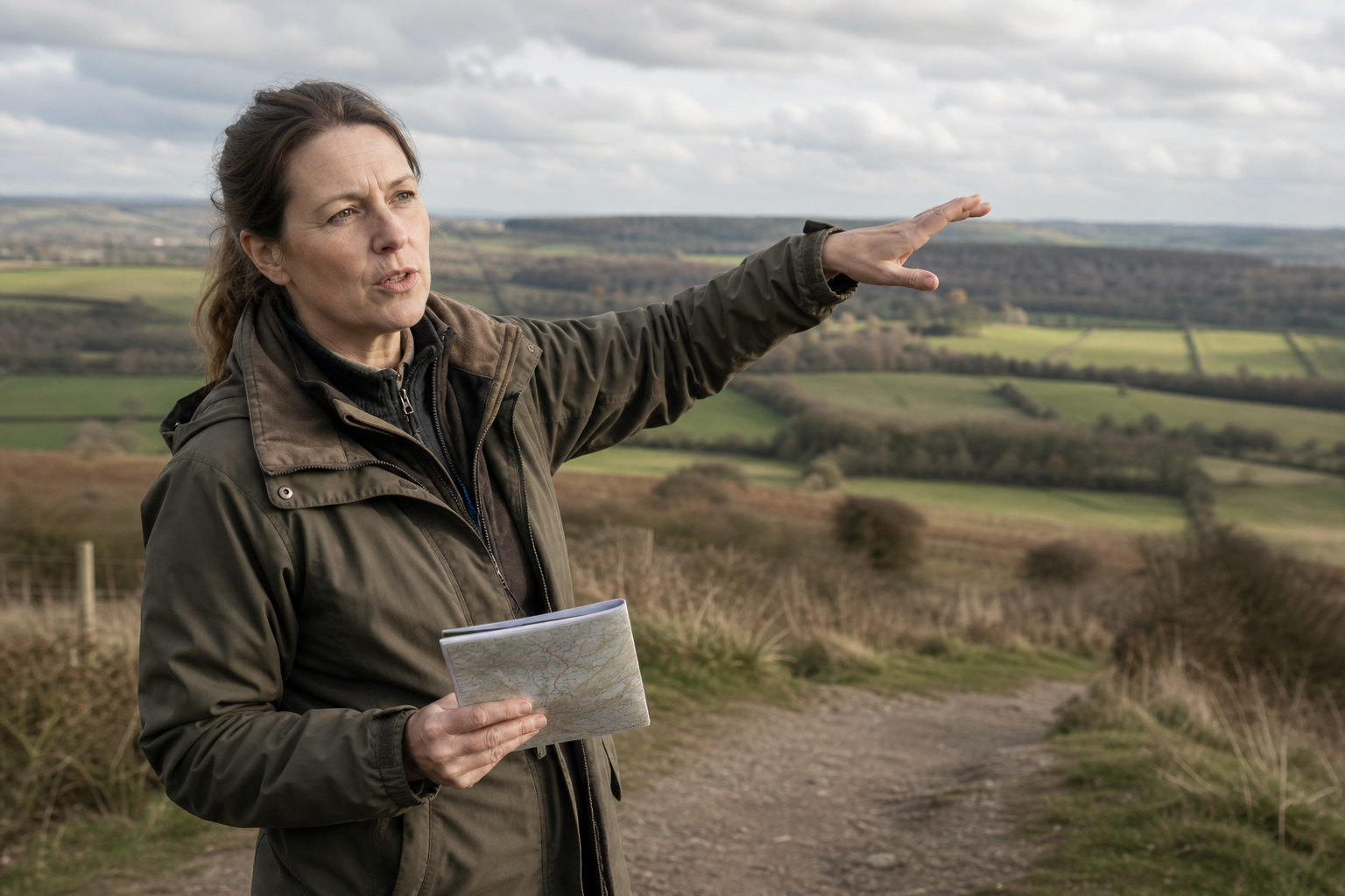 A woman holding a map gestures towards a rolling countryside landscape under a cloudy sky.